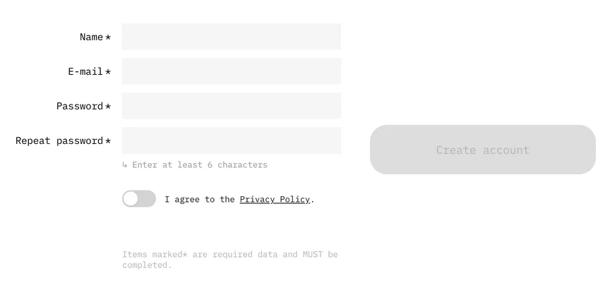 The Bloom Award sign-up form with empty Name, E-mail, Password and Repeat password fields, a privacy policy toggle and a disabled Create account button.