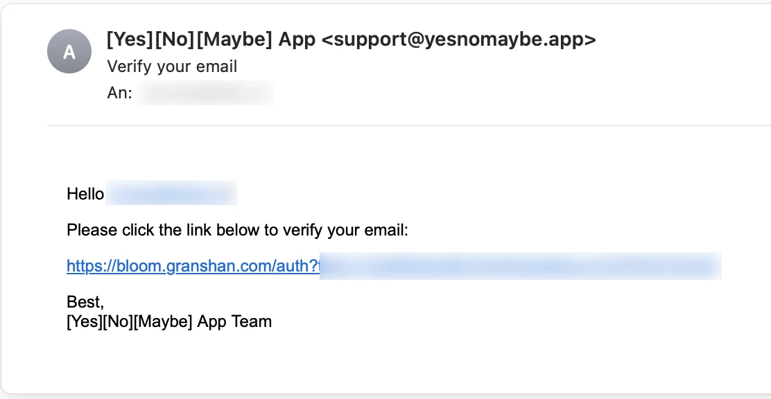 The verification e-mail with the subject Verify your email, asking the recipient to click a bloom.granshan.com link; the recipient address and token are blurred.