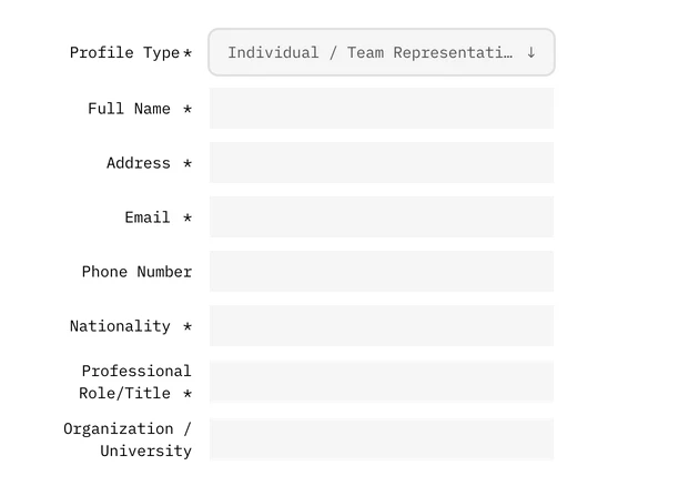 Top of the Complete your profile form showing the Profile Type select set to Individual / Team Representative and empty fields for full name, address, e-mail, phone, nationality, role and organisation.