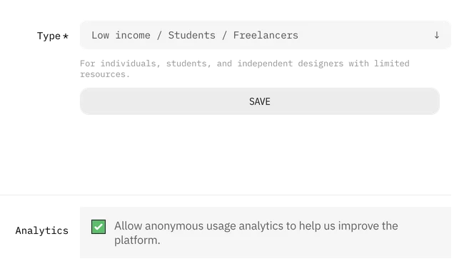 The account Type select set to Low income / Students / Freelancers with its description, a Save button and the anonymous analytics checkbox.