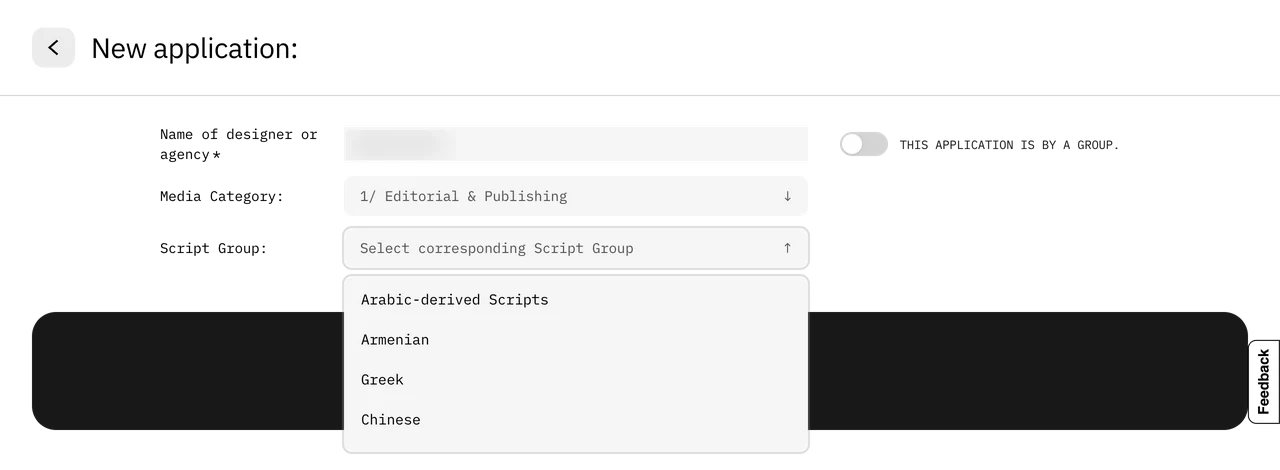 The Script Group dropdown open on the application form, listing Arabic-derived Scripts, Armenian, Greek and Chinese.
