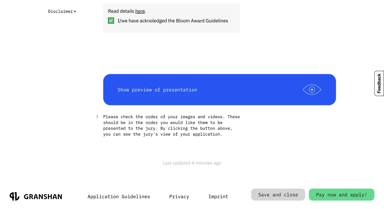 Bottom of the application form with the guidelines acknowledgement checked, a blue Show preview of presentation button and a footer with Save and close and a green Pay now and apply button.