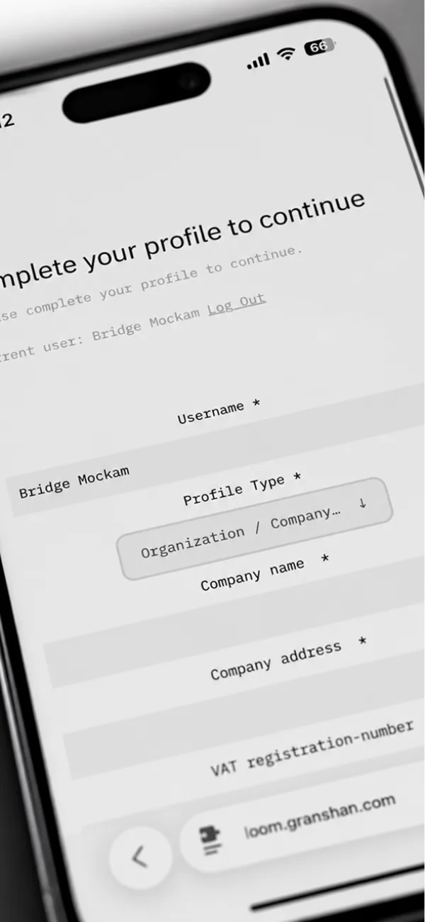 The “Complete your profile” form on a phone: username, profile type, company name and address