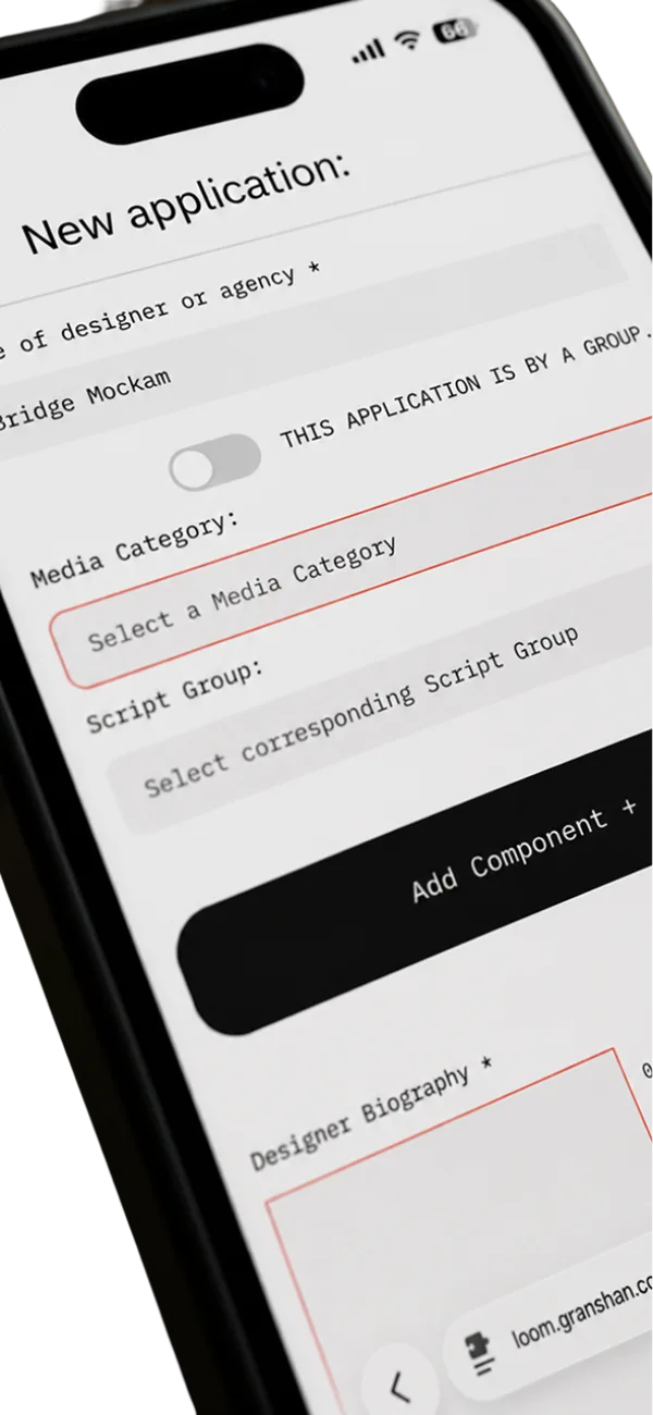 A new application on a phone: name of designer or agency, the group toggle, Media Category and Script Group selects, and the Add Component button