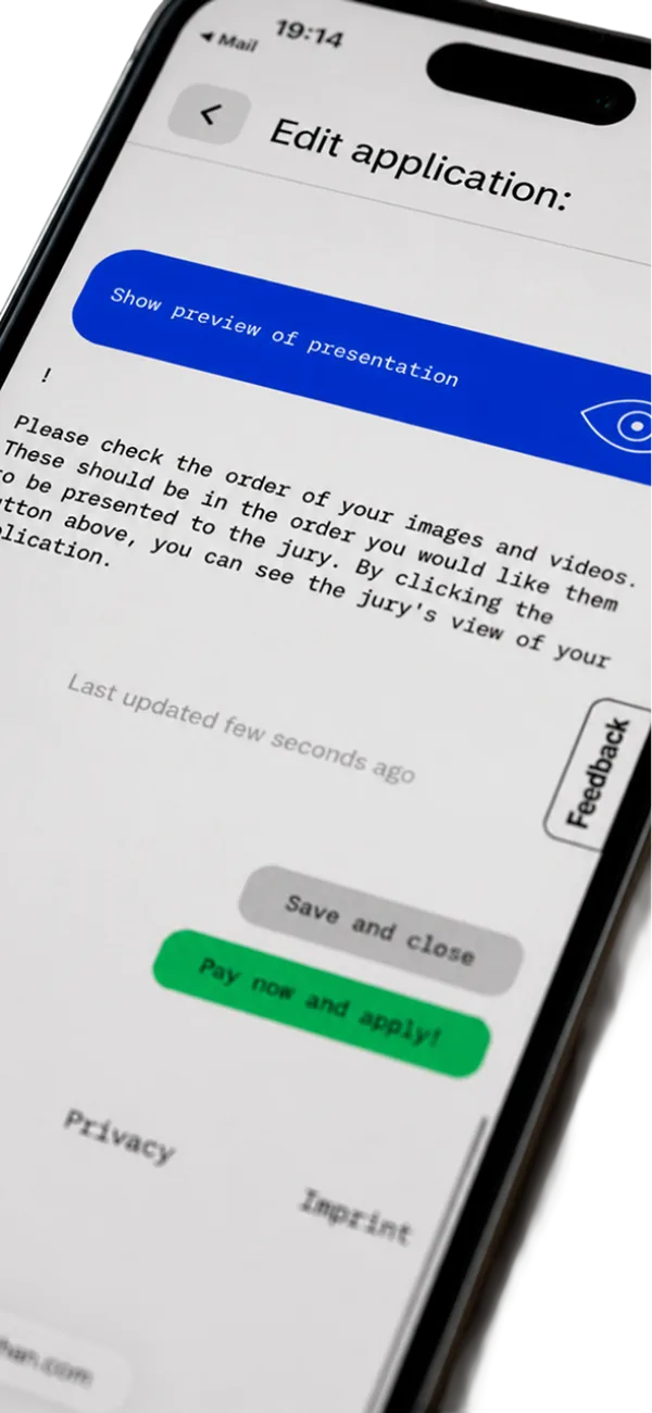 An application on a phone with “Show preview of presentation”, “Save and close” and “Pay now and apply” buttons